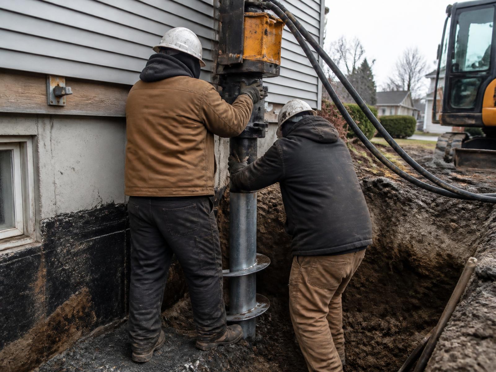 Two workers in hard hats driving a steel helical pier with a hydraulic head beside an excavated foundation footing