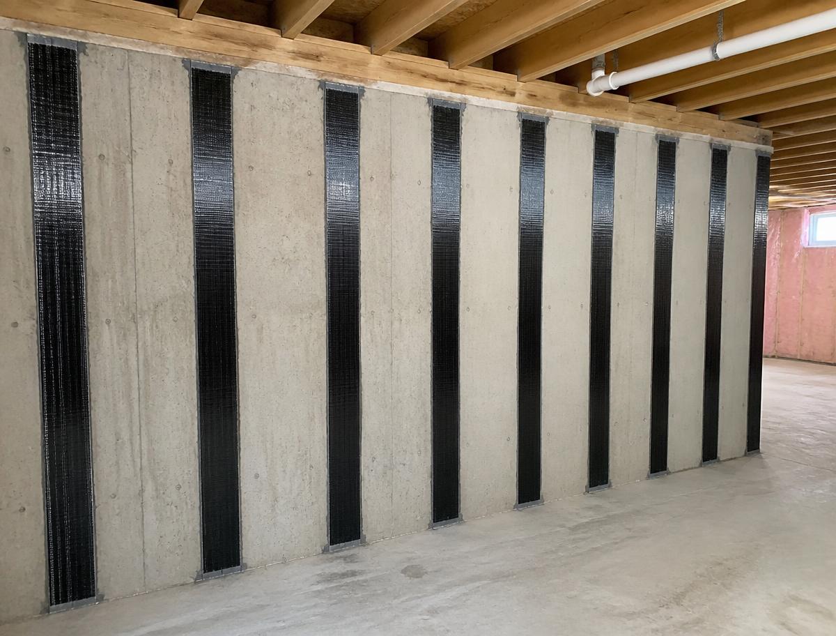 The same style of basement wall stabilized with evenly spaced vertical carbon fiber straps from sill plate to floor