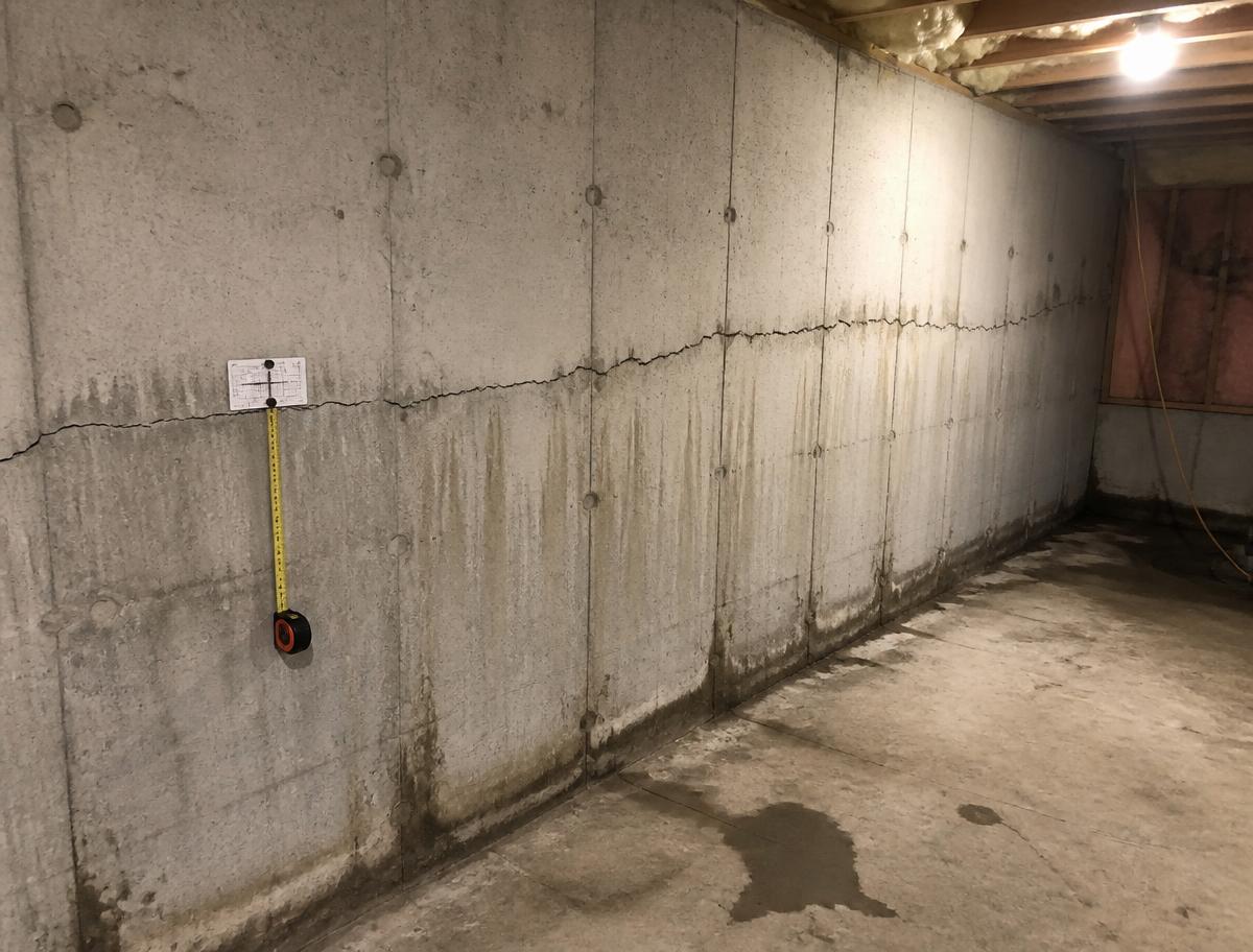 Basement foundation wall with a long horizontal crack, water staining and a crack gauge pinned to the concrete